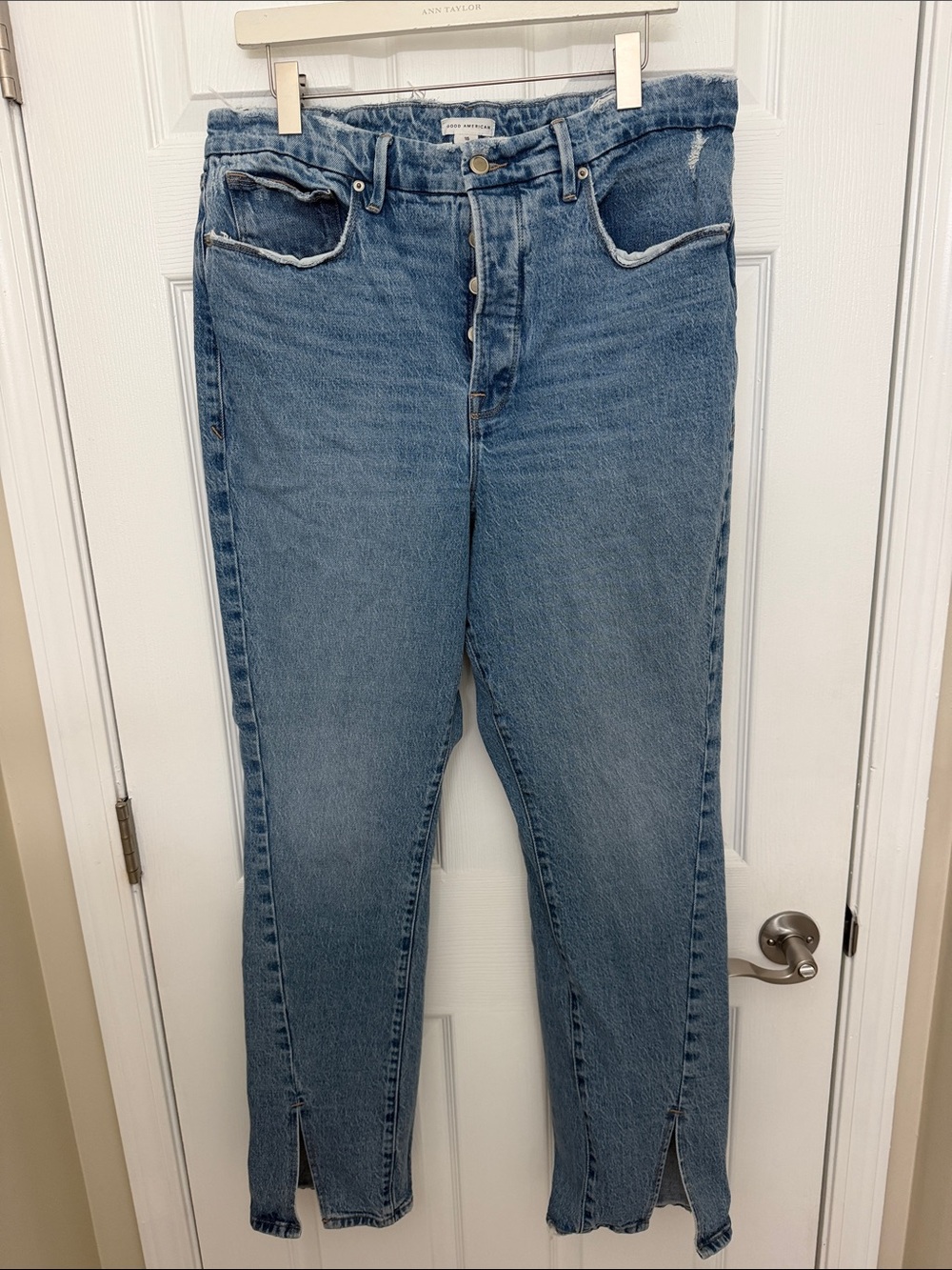 Good American Light Blue Straight-Leg Jeans with Front Slits